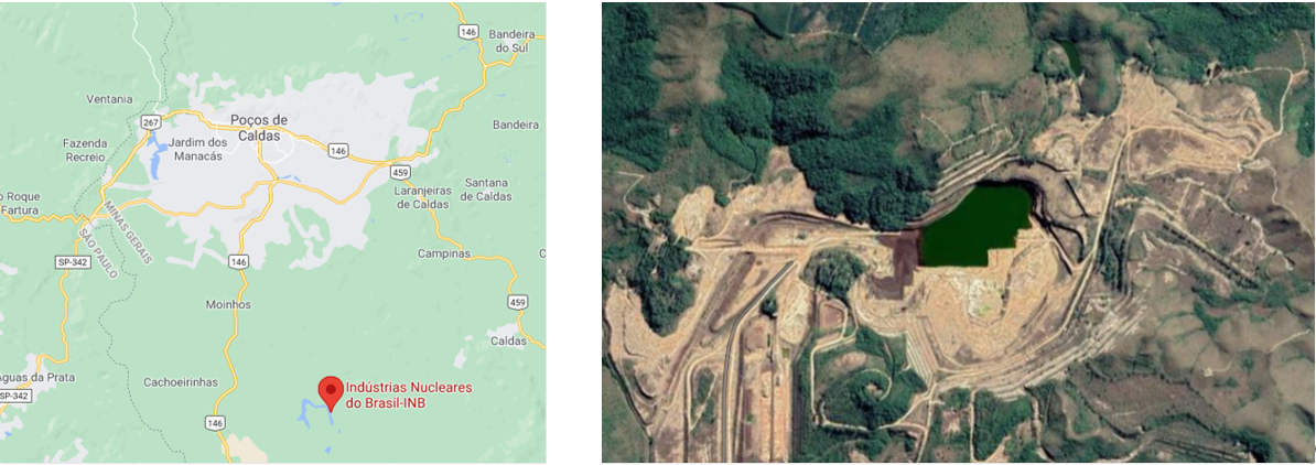 Localização Da Área De Mineração De Urânio Da Inb (A Esquerda) E A Barragem De Rejeitos (A Direita). Ela É Um Passivo Ambiental Que Preocupa Moradores Da Região Com Cerca 12,5 Mil Toneladas De Rejeitos Contendo Urânio, Tório E Rádio Sem Tratamento. (Fonte: Google Maps)