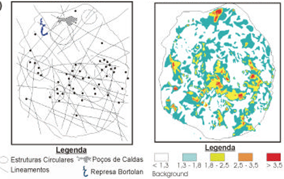 Mapa Estrutural (Esquerda) E De Intensidade Radioativa (Direita) Do Complexo Alcalino De Poços De Caldas (Fonte: Adaptado De Moreira Et Al, 2001)