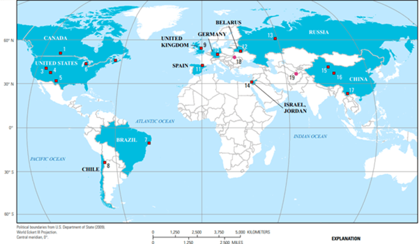 O Panorama Mundial Dos Maiores Produtores De Potássio (Em Azul) E As Suas Principais Minas (Marcadores). (Fonte: Orris Et Al., – 2014)