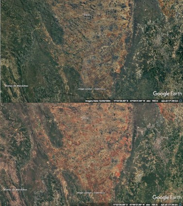 Imagens de satélite de 1984 (primeira foto) e 2020 (segunda foto) mostram o avanço da desertificação na região de Irecê (BA). 