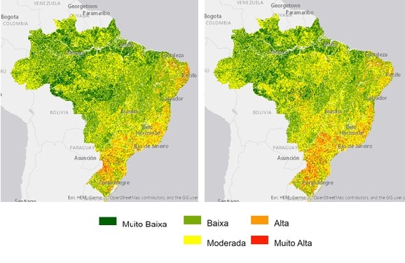Avanço das áreas de vulnerabilidade hídrica do Brasil registradas no ano de 1986 (esquerda) e 2019 (direita). Os mapas mostram o grau de vulnerabilidade dos solos à erosão hídrica considerando o nível de exposição em função da cobertura vegetal natural ou do uso agropecuário