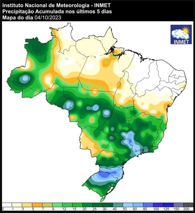 Volumes de chuva acumulada no Brasil nos últimos dias