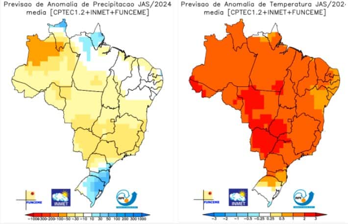 Previsão do Inmet indica clima seco (à esquerda) e altas temperaturas (à direita), que trazem riscos para a agricultura